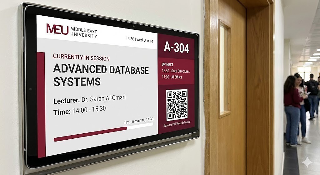 Classroom door display showing the current class in session and the schedule for the room