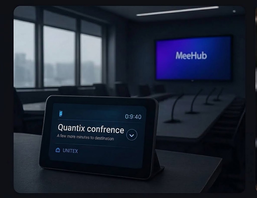 MeetHub tablet and room display in a Quantix conference room