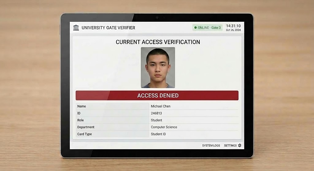Photo Verification screen at a university gate, matching a student ID photo to grant or deny access