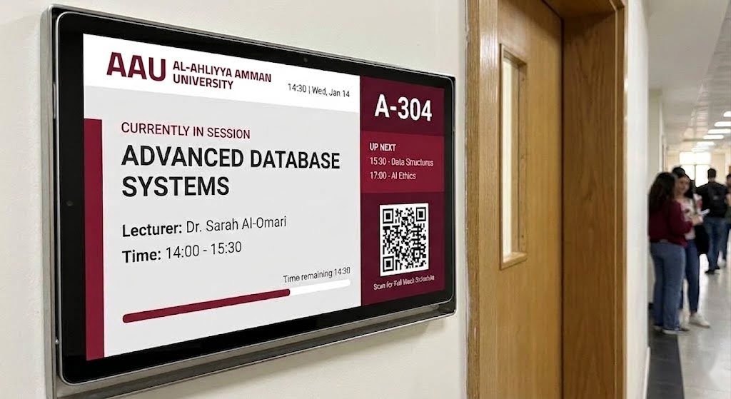 SecureSign door tablet showing the room number, current class and up-next schedule outside a university lecture room